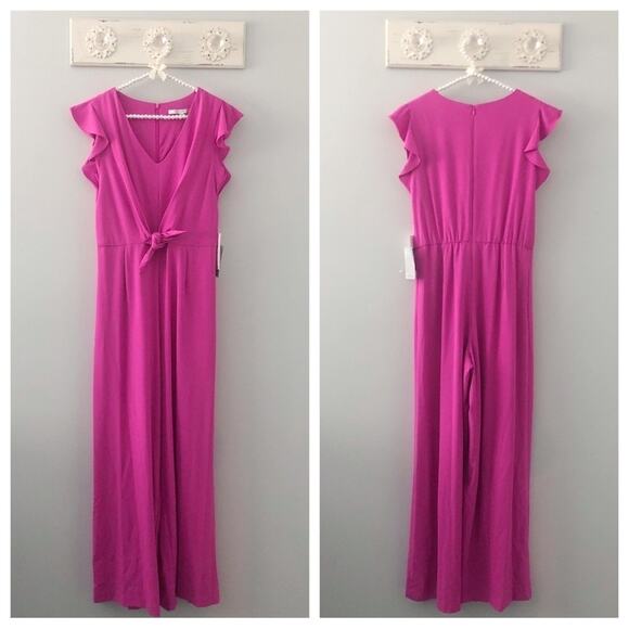 Julia Jordan Fuchsia Pink V Neck Tie Waist Jumpsuit NEW - Picture 2 of 8